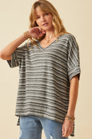 HY6116W Black Plus Engineered Stripe Oversize V-Neck High Low Knit Top Front