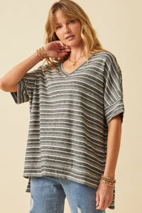 HY6116W Black Plus Engineered Stripe Oversize V-Neck High Low Knit Top Front