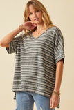 HY6116W Black Plus Engineered Stripe Oversize V-Neck High Low Knit Top Front