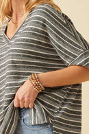 HY6116W Black Plus Engineered Stripe Oversize V-Neck High Low Knit Top Gif