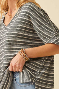 HY6116W Black Plus Engineered Stripe Oversize V-Neck High Low Knit Top Gif