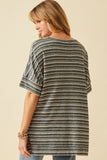 HY6116W Black Plus Engineered Stripe Oversize V-Neck High Low Knit Top Full Body