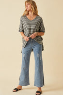 HY6116W Black Plus Engineered Stripe Oversize V-Neck High Low Knit Top Detail