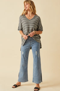 HY6116W Black Plus Engineered Stripe Oversize V-Neck High Low Knit Top Detail