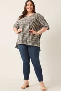 HY6116W Black Plus Engineered Stripe Oversize V-Neck High Low Knit Top Front
