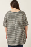 HY6116 Black Womens Engineered Stripe Oversize V-Neck High Low Knit Top Detail