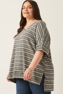 HY6116 Black Womens Engineered Stripe Oversize V-Neck High Low Knit Top Back