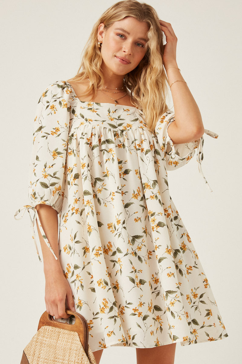 Floral Square Neck Tie Sleeve Dress
