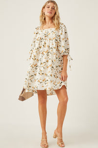 HY6120 Yellow Womens Floral Square Neck Tie Sleeve Dress Side
