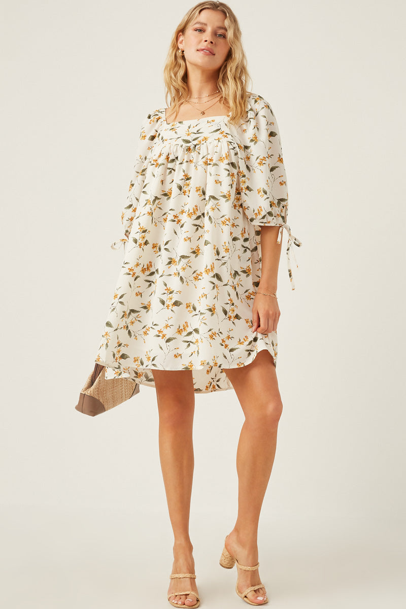 HY6120 Yellow Womens Floral Square Neck Tie Sleeve Dress Side