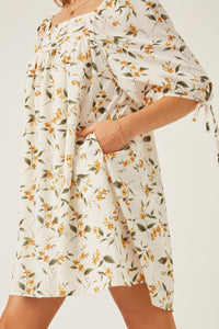 HY6120W Yellow Plus Floral Square Neck Tie Sleeve Dress Front