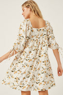 HY6120W Yellow Plus Floral Square Neck Tie Sleeve Dress Gif