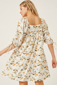 HY6120W Yellow Plus Floral Square Neck Tie Sleeve Dress Gif