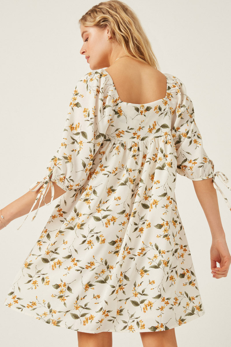 HY6120W Yellow Plus Floral Square Neck Tie Sleeve Dress Gif