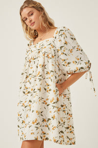 HY6120W Yellow Plus Floral Square Neck Tie Sleeve Dress Full Body