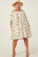 HY6120W Yellow Plus Floral Square Neck Tie Sleeve Dress Front