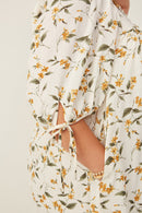 HY6120 Yellow Womens Floral Square Neck Tie Sleeve Dress Full Body