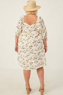 HY6120 Yellow Womens Floral Square Neck Tie Sleeve Dress Detail