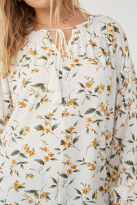 HY6121W Yellow Plus Floral Tasseled Gathered Dolman Top Gif