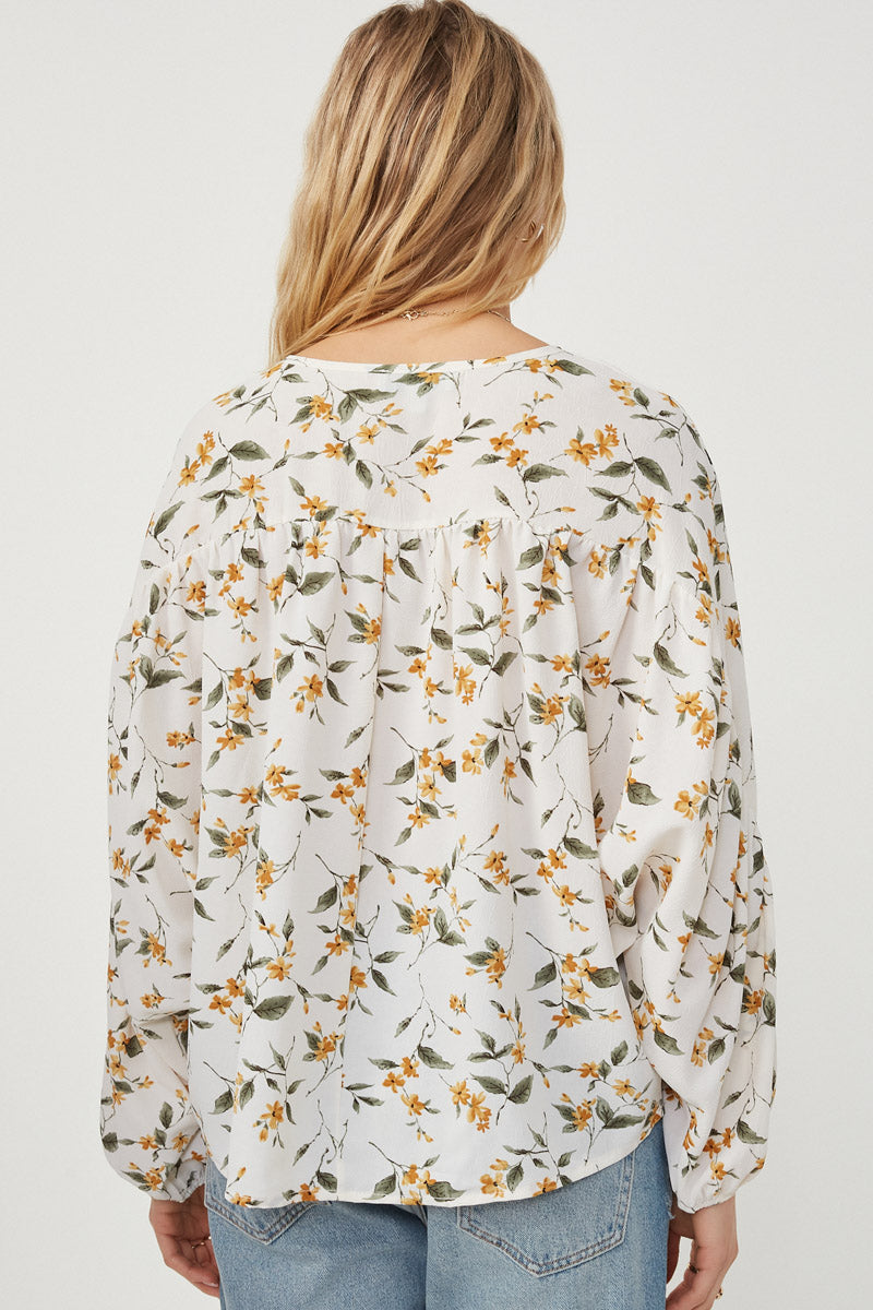 HY6121W Yellow Plus Floral Tasseled Gathered Dolman Top Side