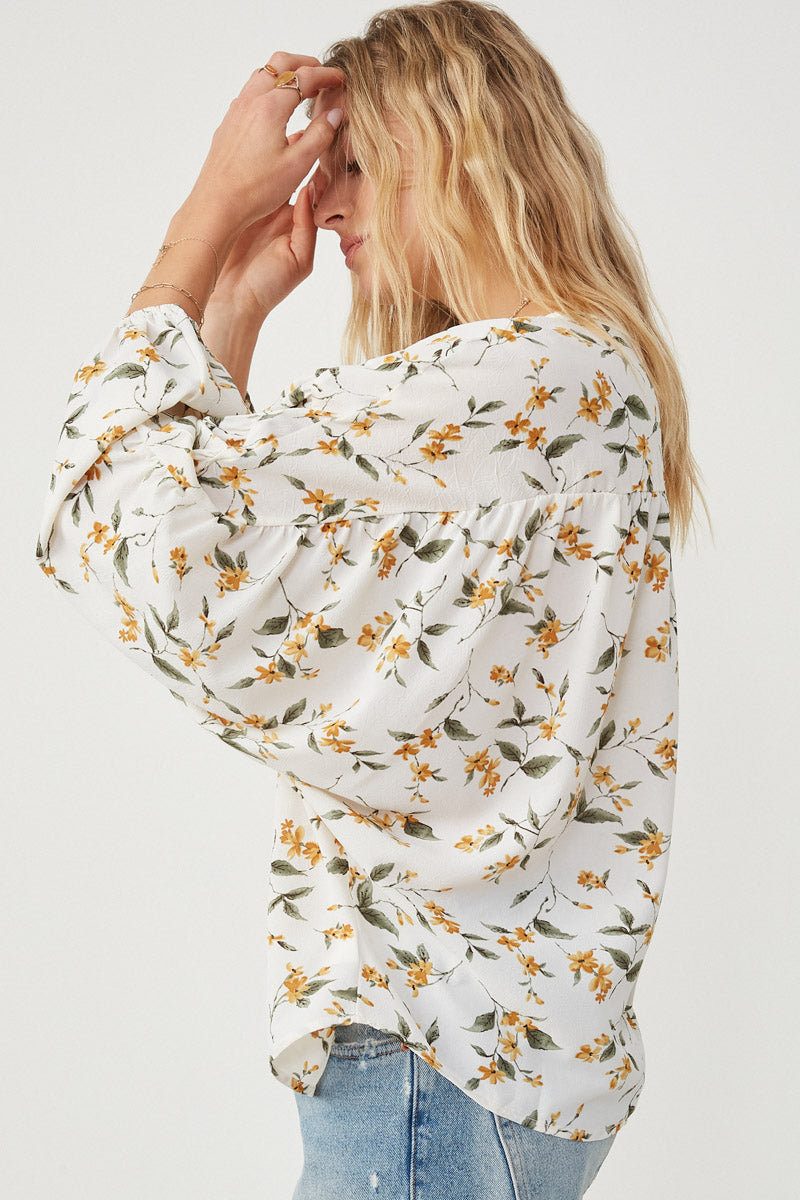 HY6121W Yellow Plus Floral Tasseled Gathered Dolman Top Detail