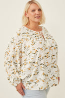 HY6121W Yellow Plus Floral Tasseled Gathered Dolman Top Front