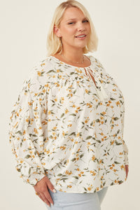 HY6121W Yellow Plus Floral Tasseled Gathered Dolman Top Front