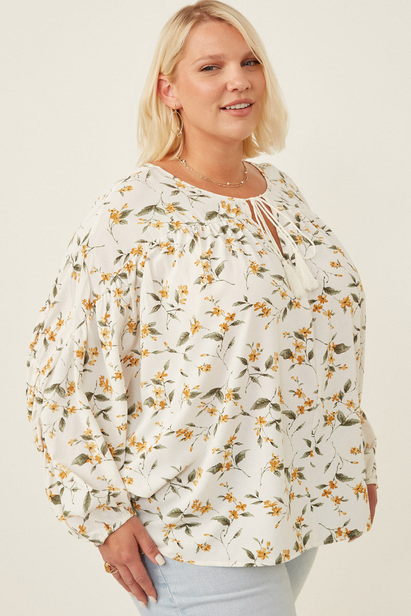 Floral Tasseled Gathered Dolman Top