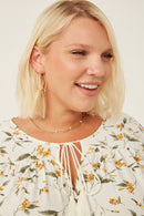 HY6121 Yellow Womens Floral Tasseled Gathered Dolman Top Front