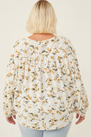 HY6121 Yellow Womens Floral Tasseled Gathered Dolman Top Detail