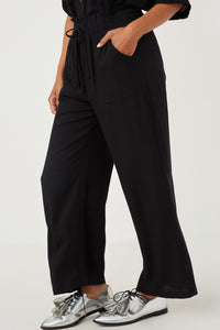 HY6124W Black Plus Wide Leg Paperbag Waist Pants Front