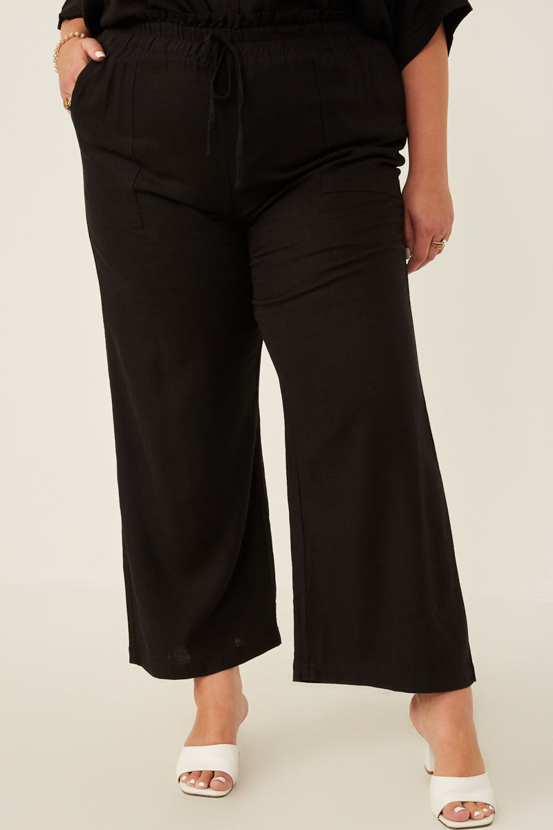 HY6124 Black Womens Wide Leg Paperbag Waist Pants Full Body