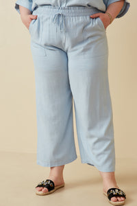 HY6124W Light Blue Plus Wide Leg Paper bag Waist Pants Front