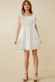 HY6128W OFF WHITE Plus Embroidered Square Neck Ruffled Smock Back Tank Dress Back