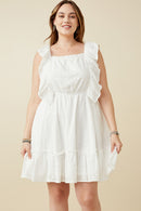 HY6128W OFF WHITE Plus Embroidered Square Neck Ruffled Smock Back Tank Dress Front