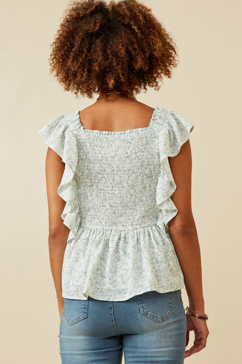 HY6134 GREEN Womens Ditsy Floral Smocked Ruffle Peplum Tank Back