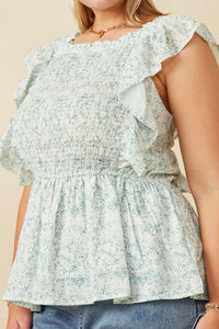 HY6134W Green Womens Ditsy Floral Smocked Ruffle Peplum Tank Full Body