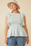 HY6134W Green Womens Ditsy Floral Smocked Ruffle Peplum Tank Back