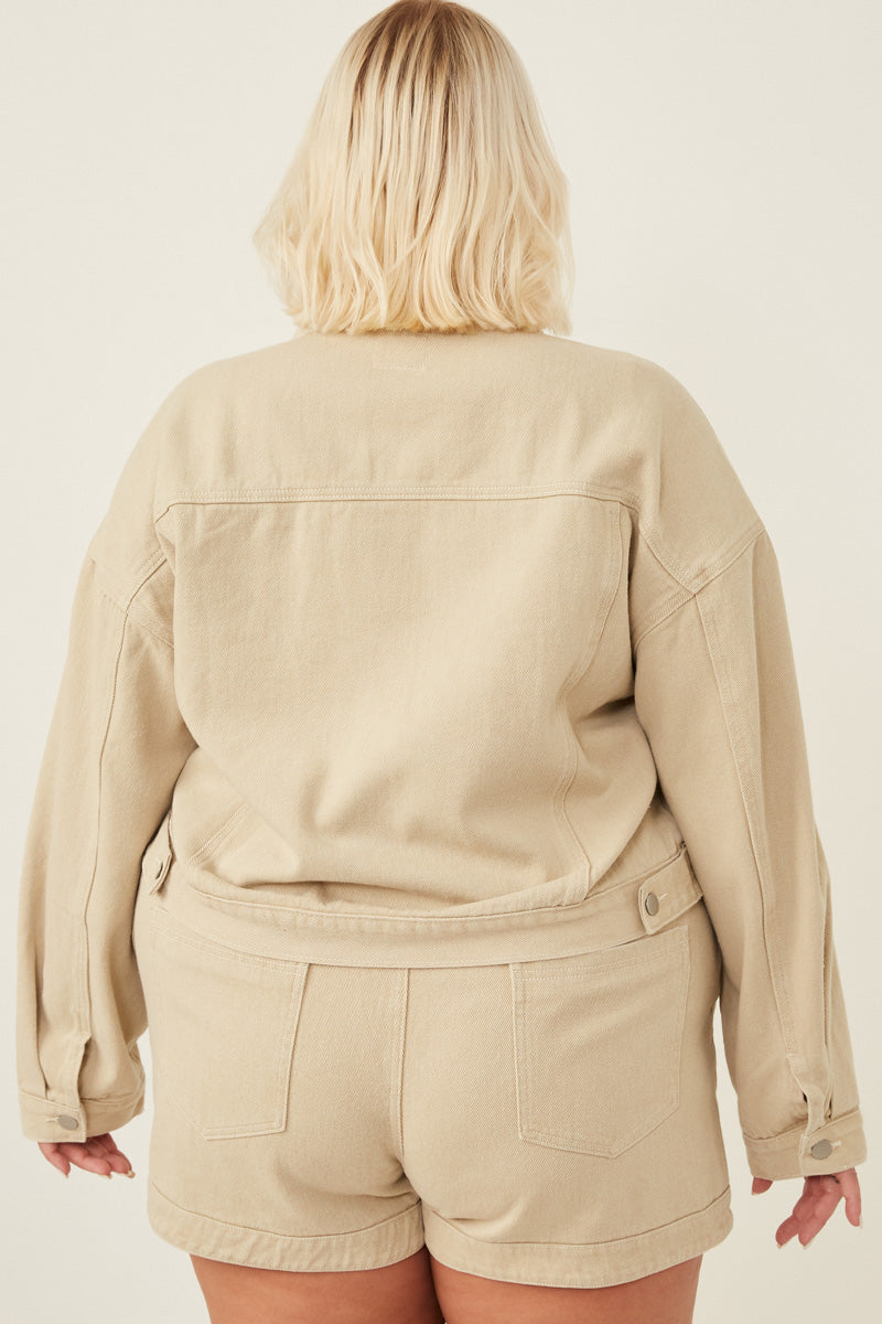 HY6141 Beige Womens Washed Cargo Pocket Contrast Stitch Colored Denim Jacket Back