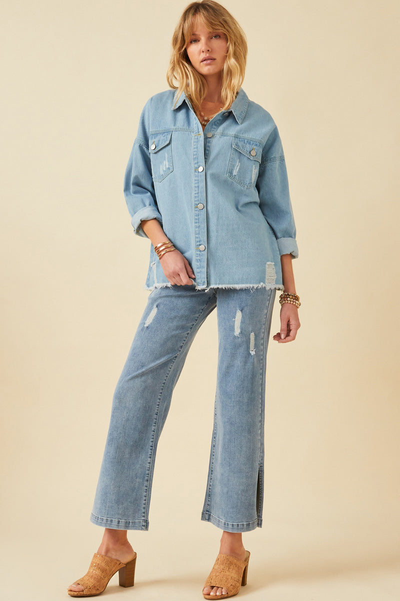 HY6143 Denim Womens Distressed Oversized Denim Jacket Full Body