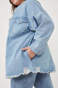 HY6143W Denim Plus Distressed Oversized Denim Shirt Jacket Front