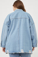 HY6143W Denim Plus Distressed Oversized Denim Shirt Jacket Detail