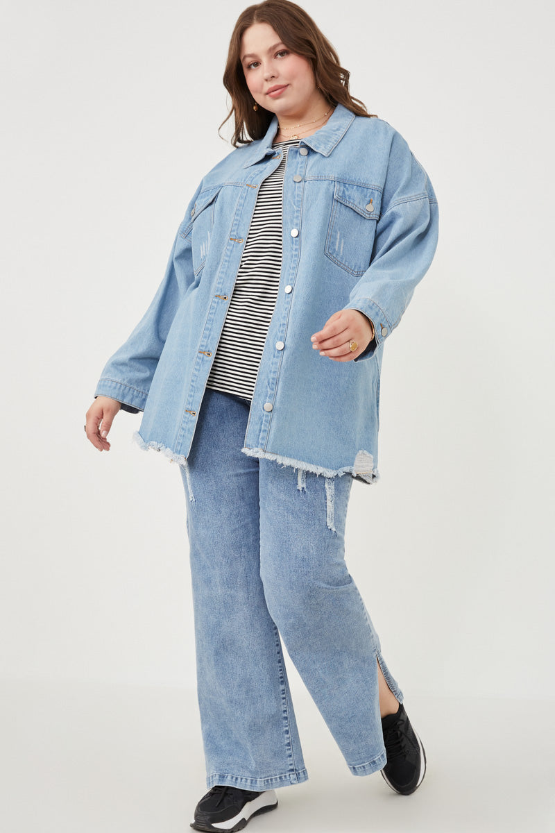 HY6143W Denim Plus Distressed Oversized Denim Shirt Jacket Back