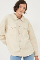 HY6148 Cream Womens Distressed Detail Button Up Shacket Front