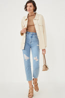 HY6148W Ivory Plus Distressed Detail Button Up Shacket Back