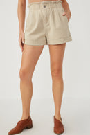 HY6150 Olive Womens Washed Contrast Stitch Colored Denim Paperbag Shorts Front