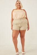 HY6150 Beige Womens Washed Contrast Stitch Colored Denim Paperbag Shorts Full Body