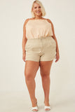 HY6150 Beige Womens Washed Contrast Stitch Colored Denim Paperbag Shorts Full Body