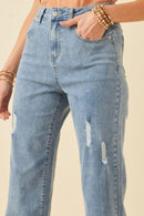 HY6153W Light Denim Plus Side Slit Distressed Bootcut Stretch Denim Detail