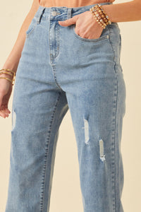 HY6153W Light Denim Plus Side Slit Distressed Bootcut Stretch Denim Detail
